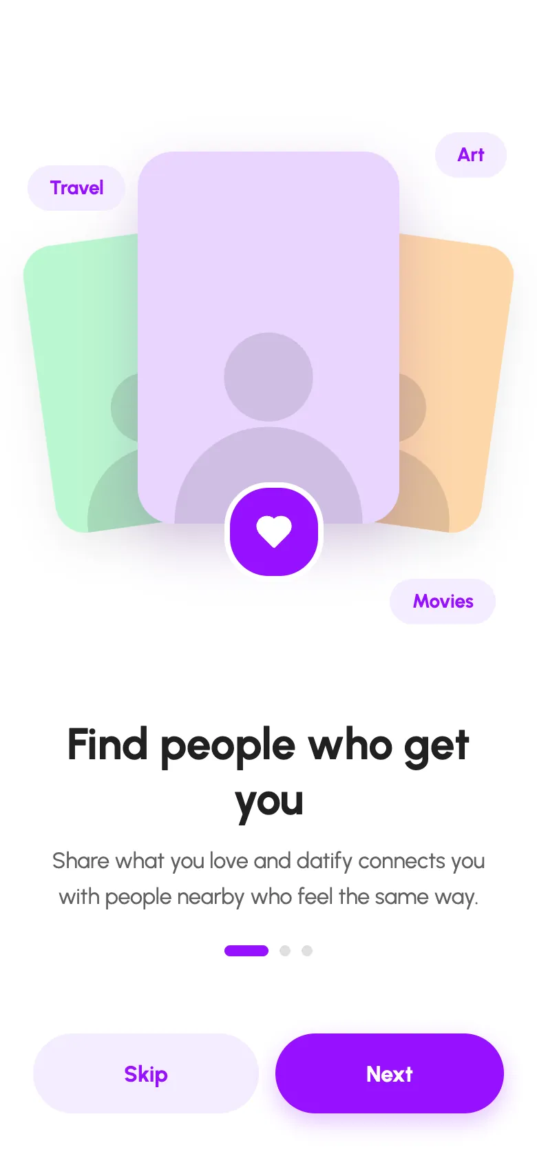 Datify walkthrough with profile cards and the line Find people who get you