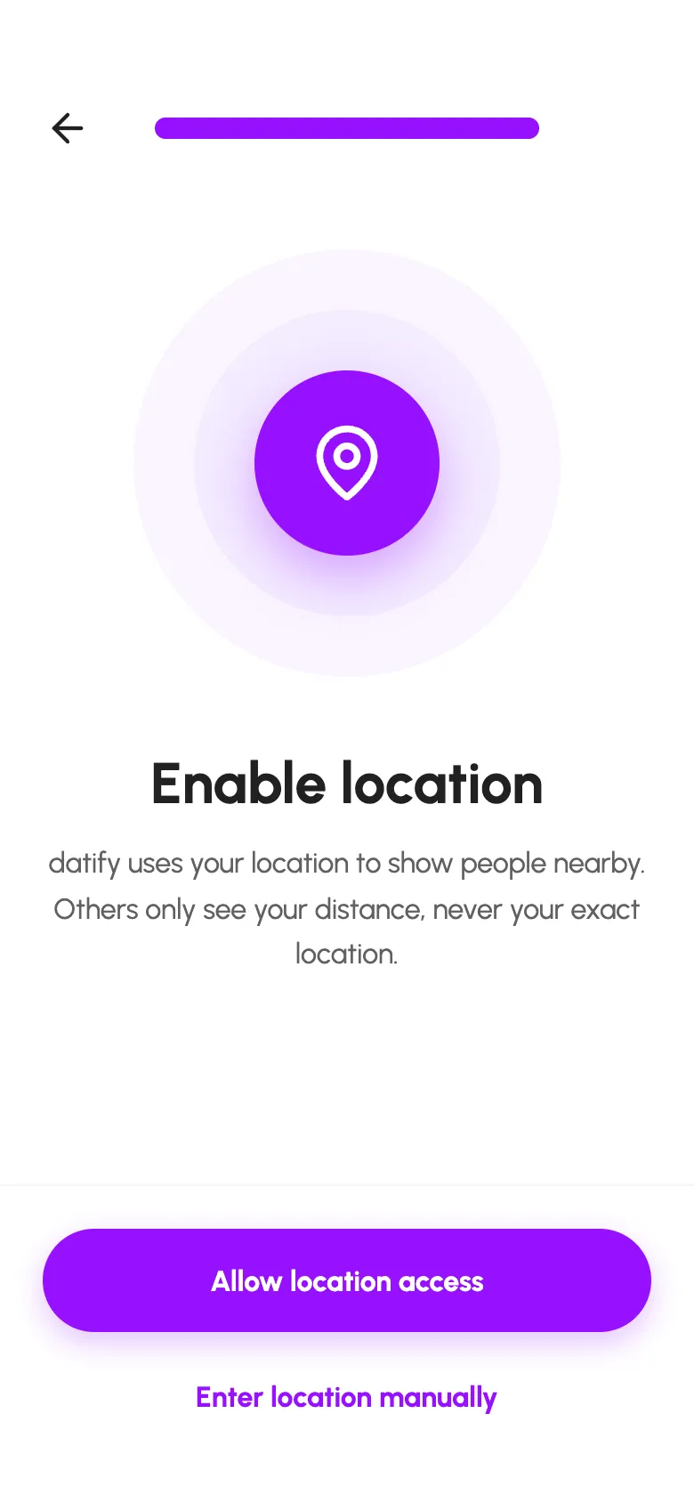 Datify location screen. Others see distance, not an exact location