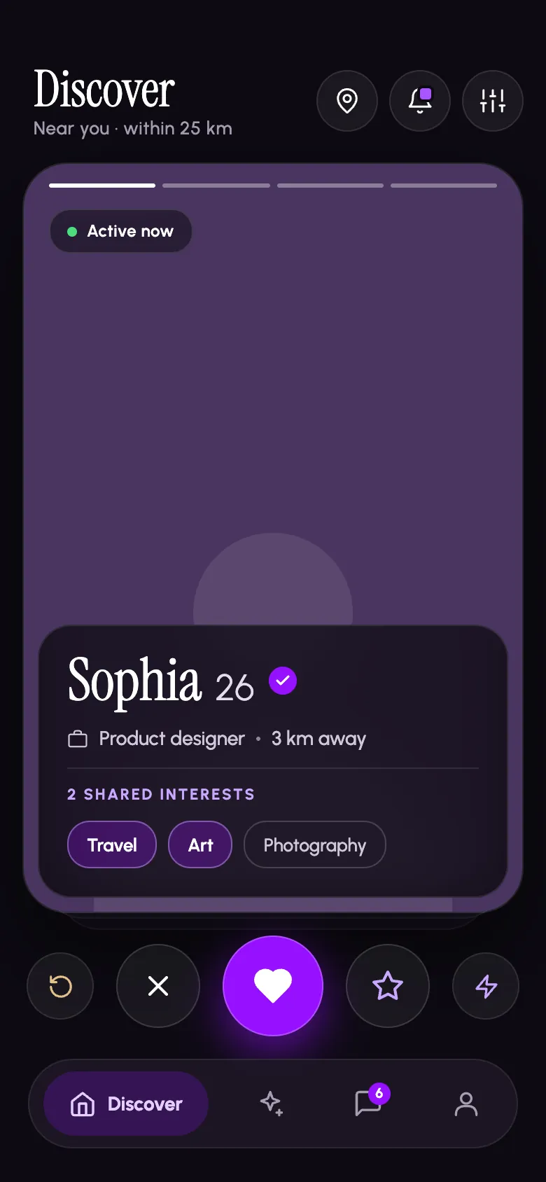 Datify discover screen with a nearby profile card and like, pass and super-like buttons