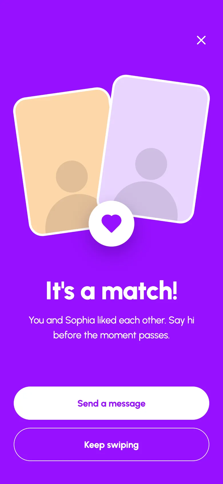 Datify match screen with send a message and keep swiping