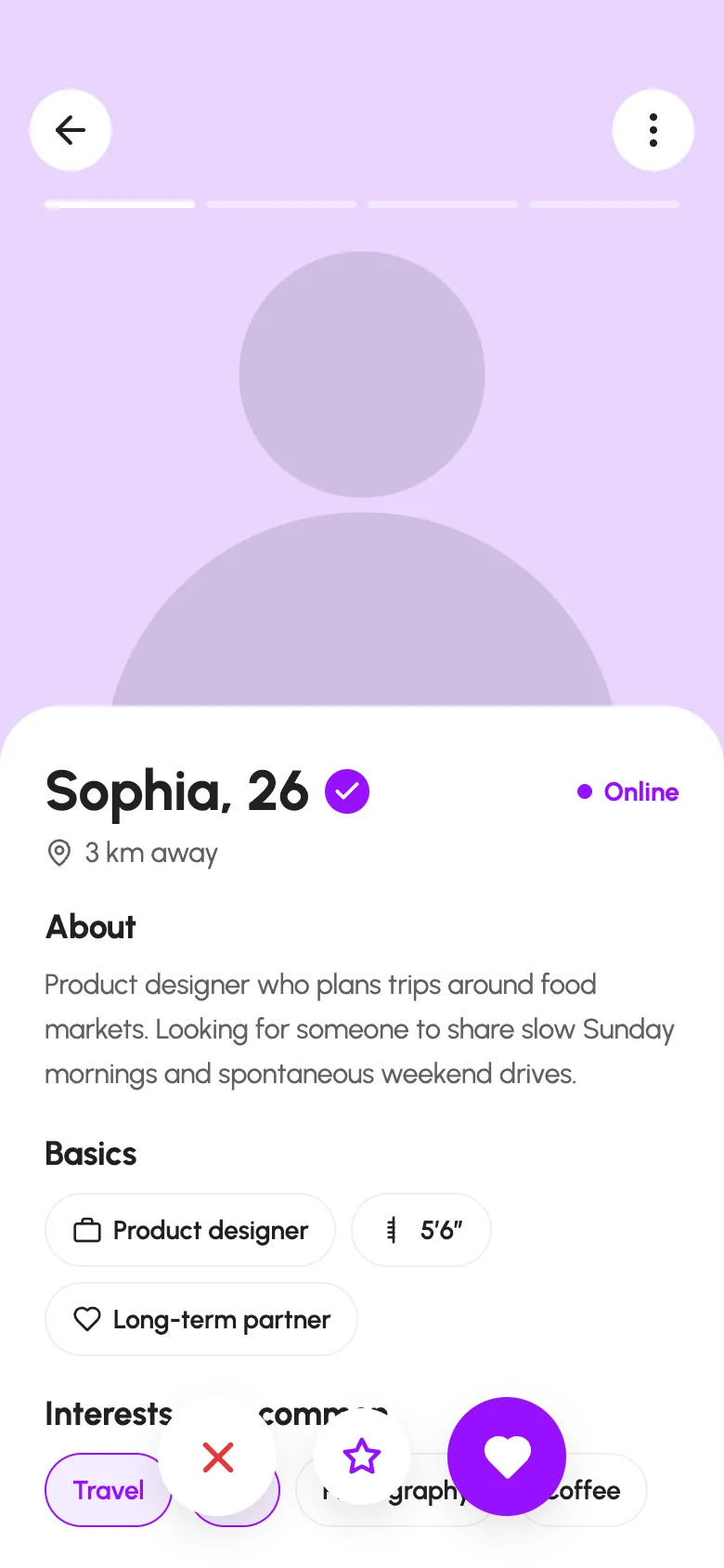 Datify profile detail with distance, about, basics, interests, and like or pass
