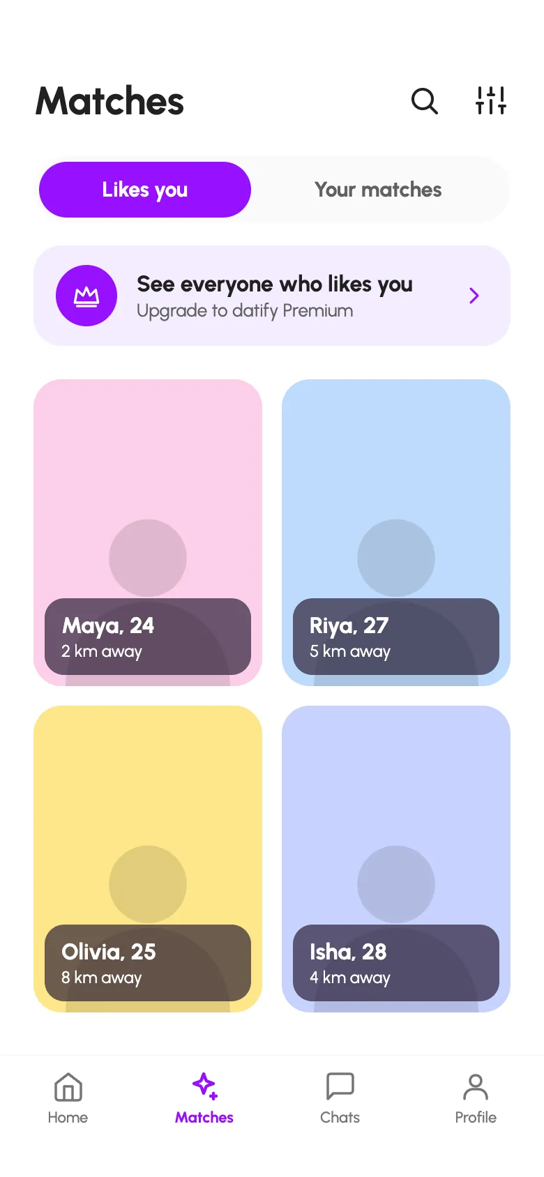 Datify matches screen with people who liked you and a prompt for Premium