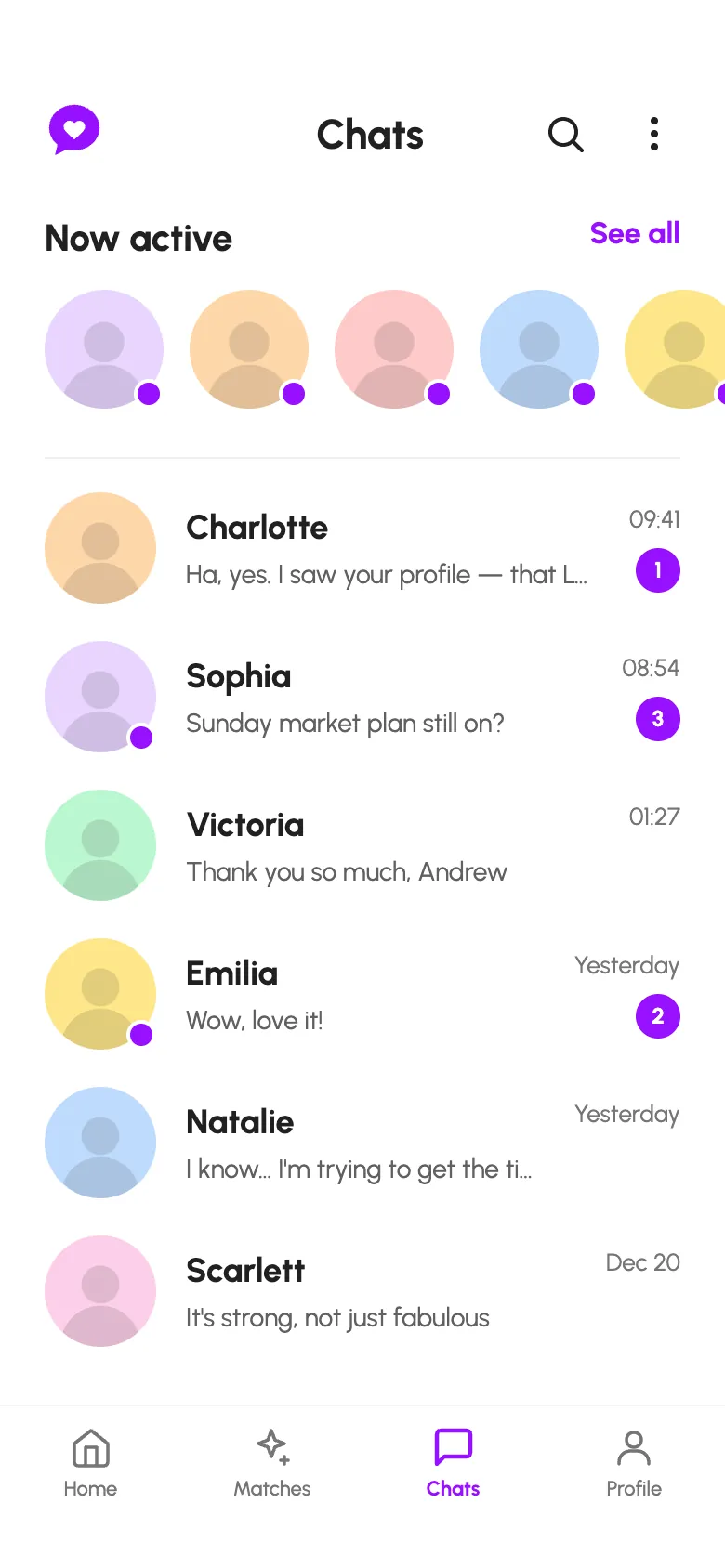 Datify chat list with people active now and unread counts