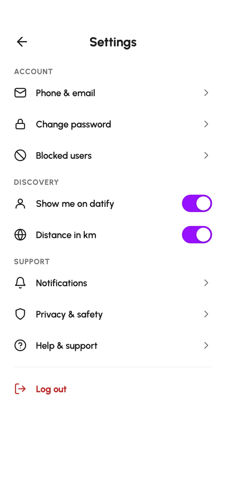 Datify settings for phone and email, blocked users, discovery, privacy and log out