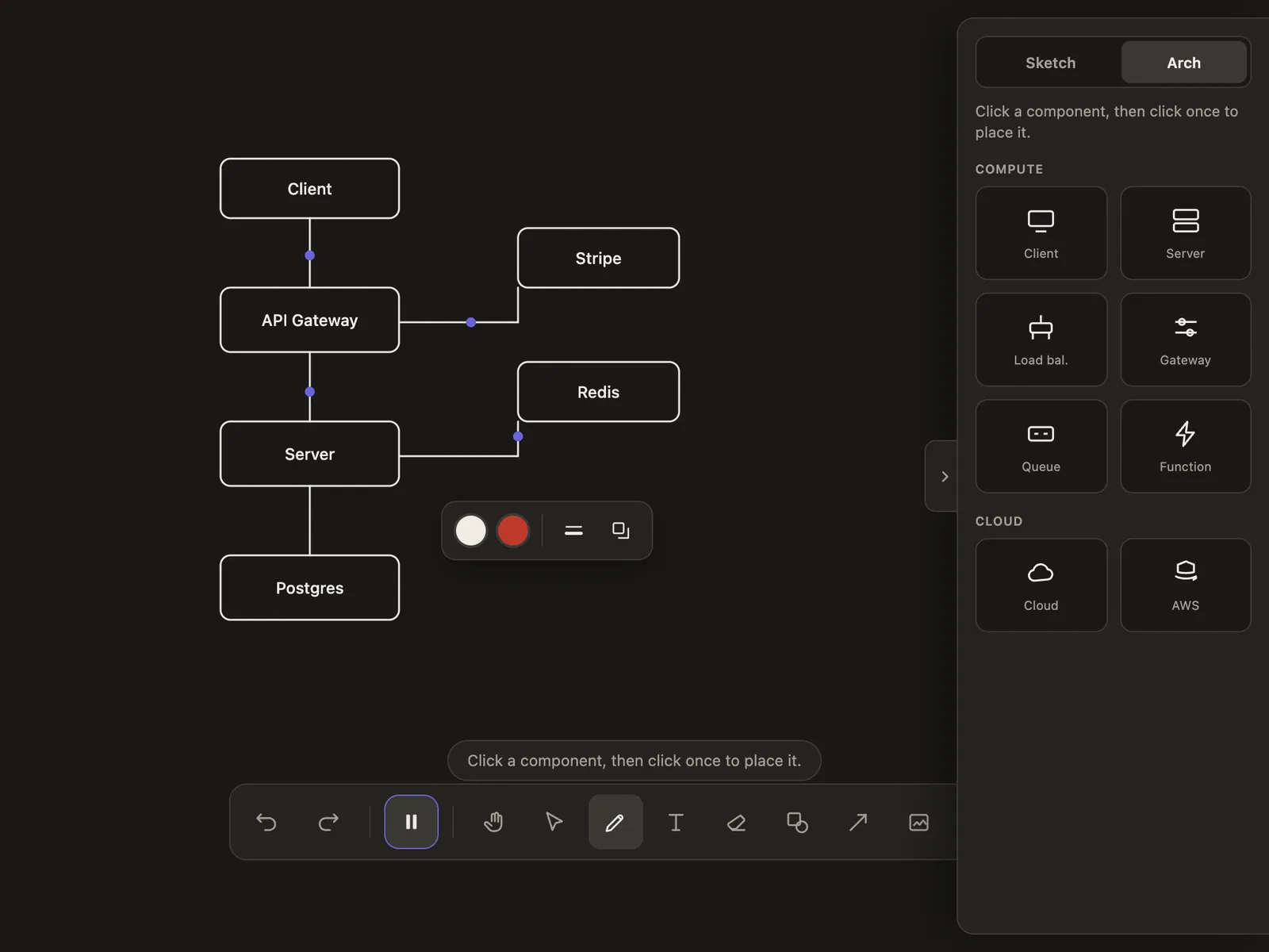 DrawLapse tablet layout: the panel overlays and the dock is centered on the viewport
