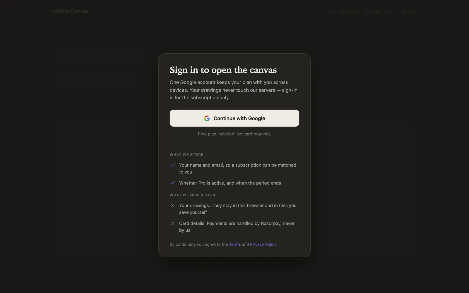 DrawLapse sign-in board. It says drawings stay in the browser, and sign-in is only for the subscription