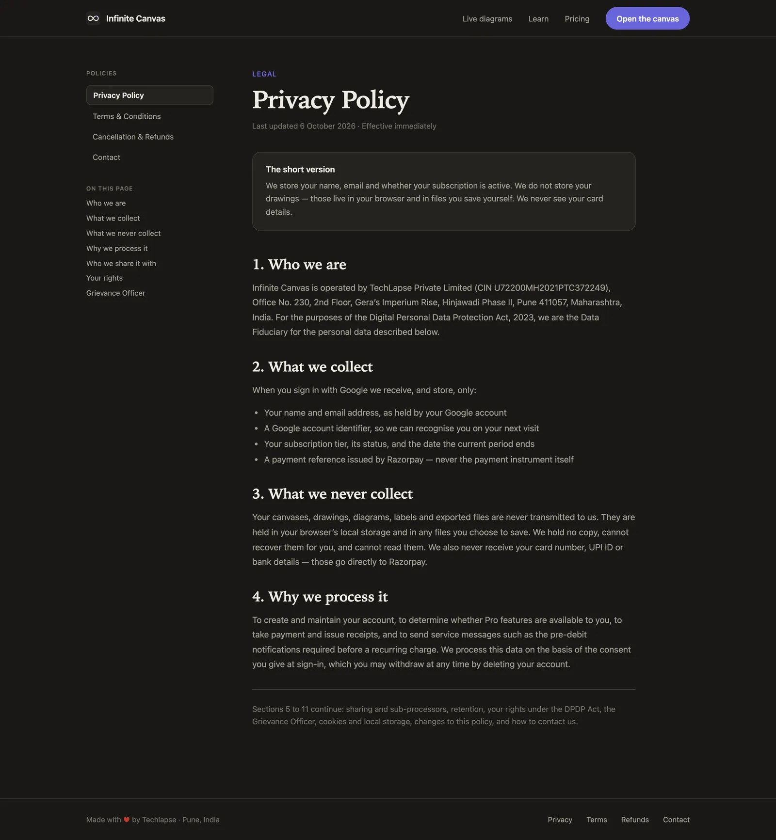 DrawLapse privacy page layout