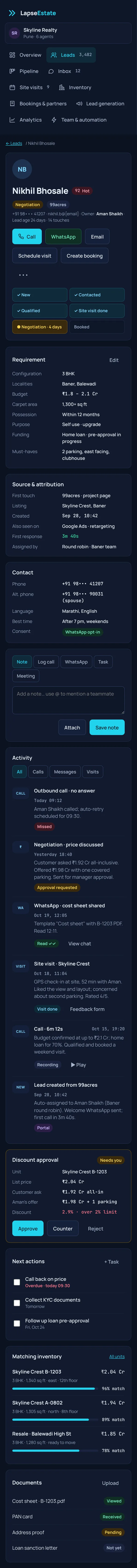 LapseEstate lead detail on a phone, with the stage tracker and activity timeline