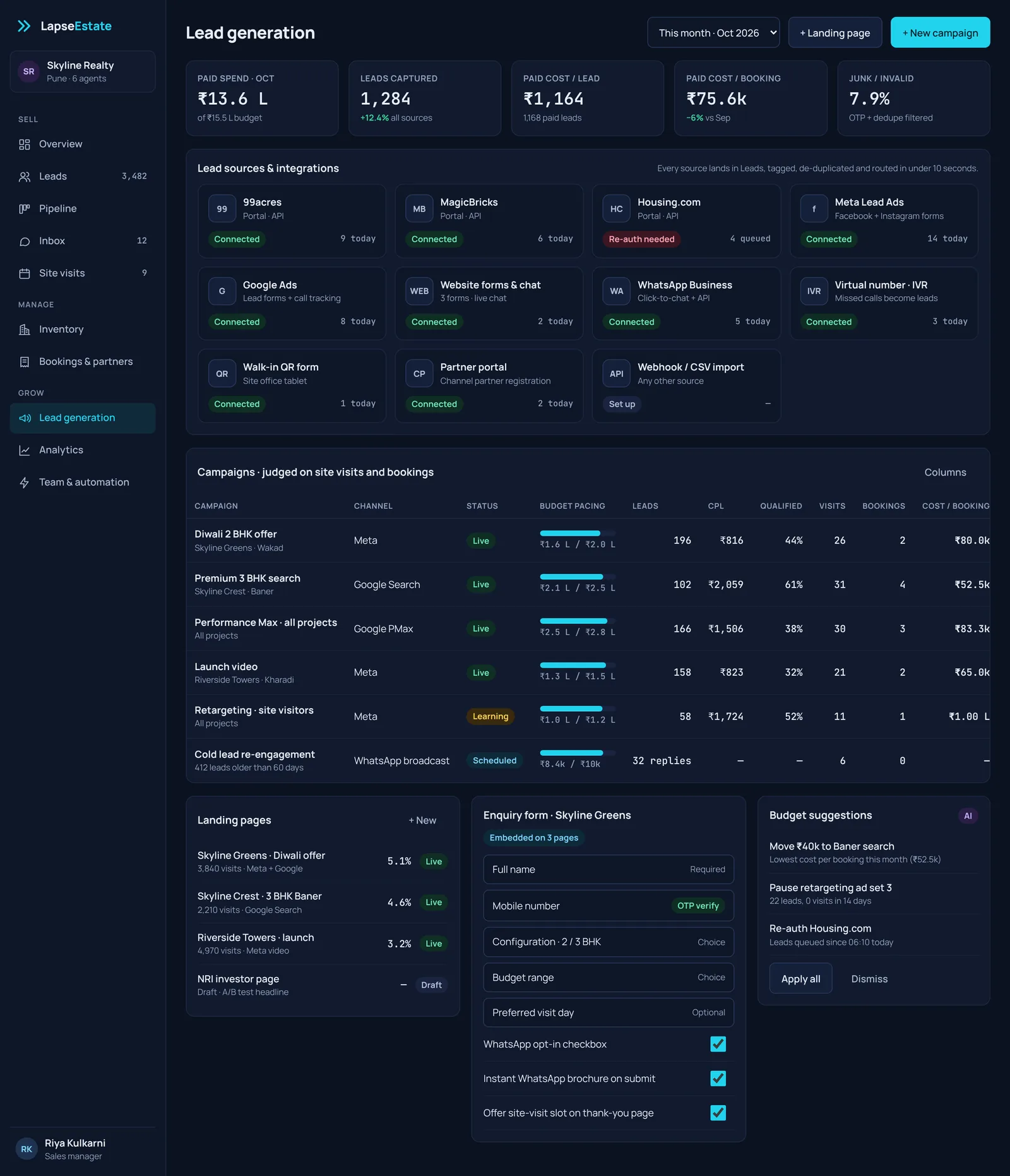 LapseEstate lead-generation screen for portal and ad sources, campaigns and an enquiry form