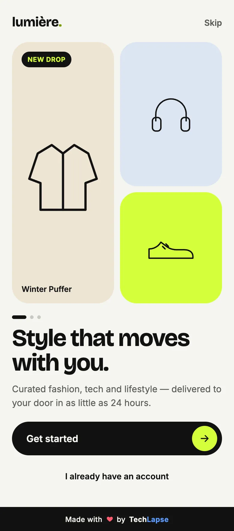 Lumière onboarding screen with a winter puffer, headphones and a shoe