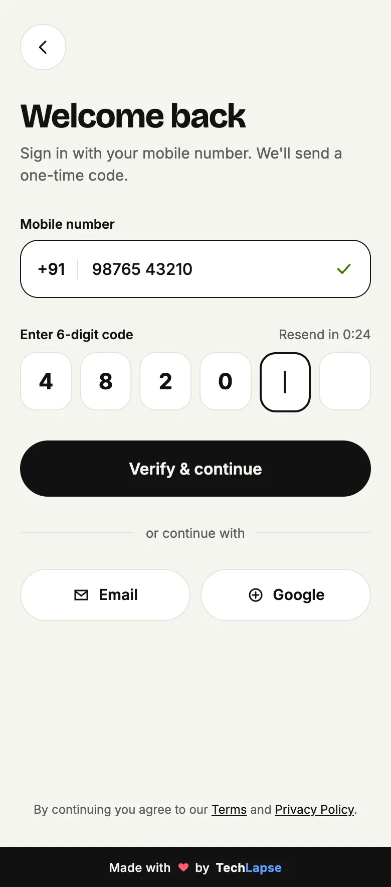 Lumière sign-in screen with a 6-digit OTP code, a resend timer, and email and Google options