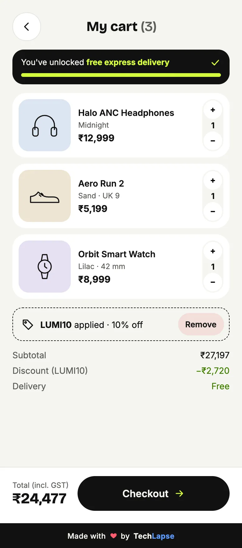 Lumière shopping app cart screen with a free-delivery bar, coupon LUMI10 applied and a GST-inclusive order total