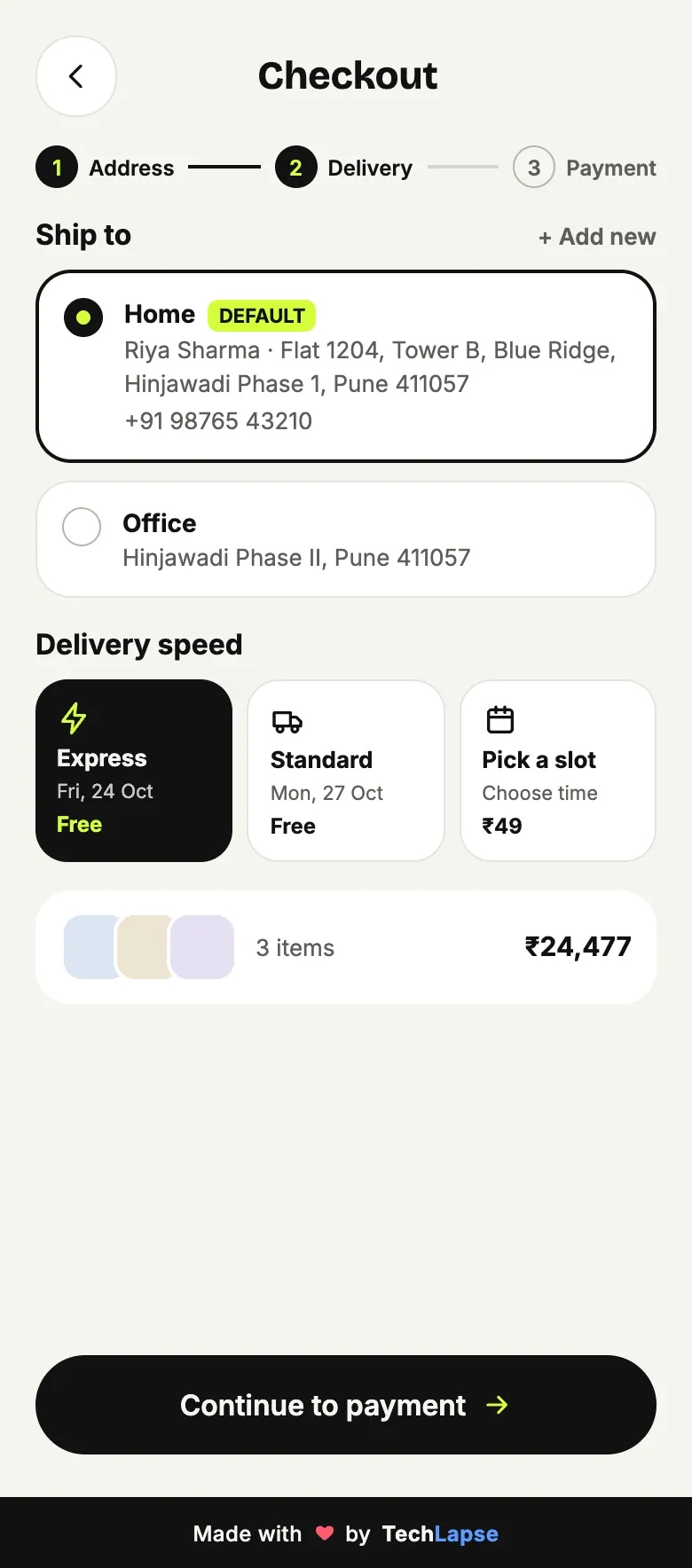 Lumière checkout screen with a saved address and express, standard and slot delivery