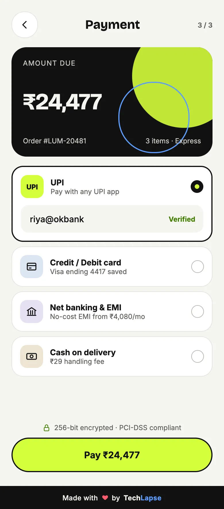 Lumière payment screen with UPI, card, net banking, EMI and cash on delivery