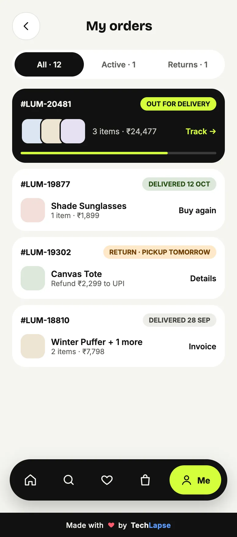 Lumière my orders screen with order history and buy again