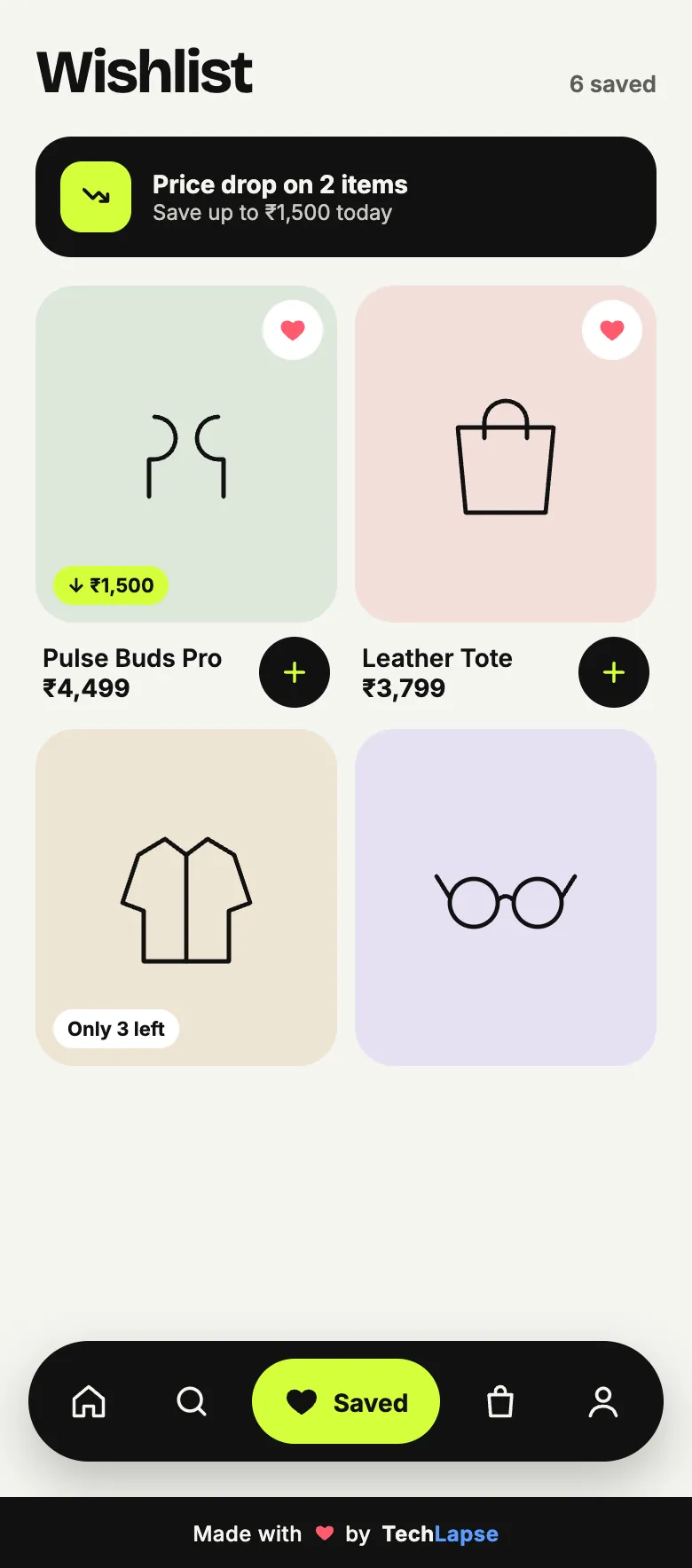 Lumière wishlist screen with price-drop alerts and low-stock badges