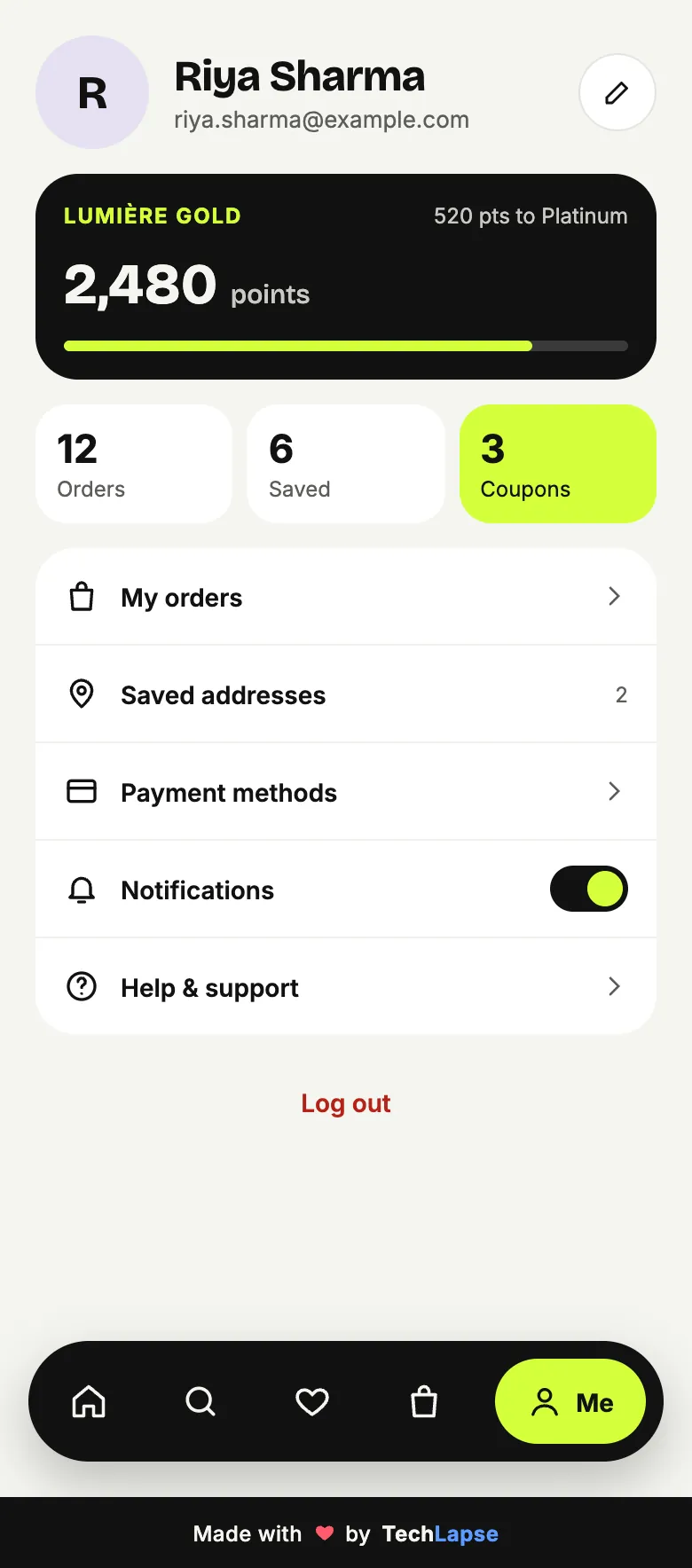 Lumière profile screen with loyalty points and coupons