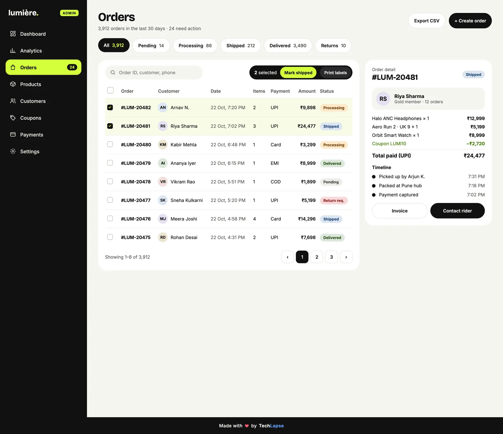 Lumière admin orders screen with order management and bulk actions